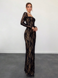 Elegant long sleeve lace dress with square neck, slim fit, and sheer floral overlay