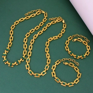 Detail view of 18K gold plated stainless steel jewelry set with green square gemstones