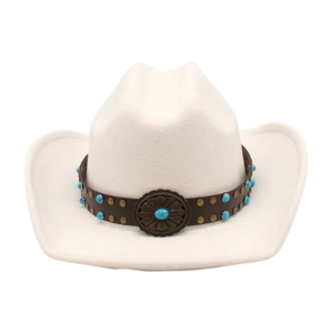 Close-up of white felt cowboy hat with turquoise-studded brown leather band and metal buckle