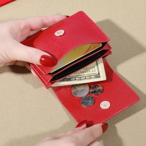 Red lychee pattern leather wallet with multi-card slots and magnetic metal buckle closure