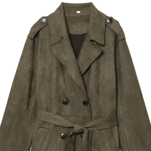 Army green faux suede trench coat with double-breasted buttons and adjustable belt