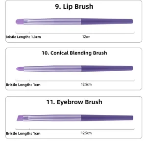 Détail de 3 pinceaux de maquillage violets montrant les mesures du poil et du manche