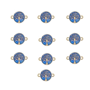Set of 10 golden tree of life charms with blue enamel finish for jewelry making