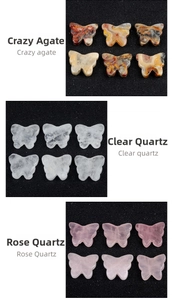 Detailed comparison of butterfly-shaped crazy agate, clear quartz, and rose quartz stones