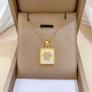 Paw Print Square Pendant Necklace Gold Plated Stainless Steel Chain Mother Of Artificial Pearl Inlay Cubic Zirconia Elegant Jewelry Women