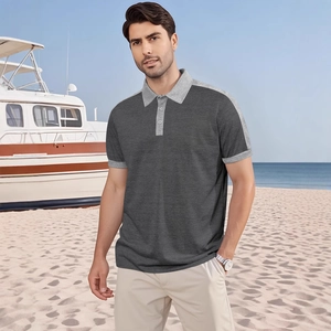 Polo à manches courtes pour homme gris foncé avec col et poignets contrastés gris clair