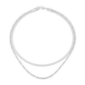Double layered silver titanium steel necklace featuring snake chain and figaro chain