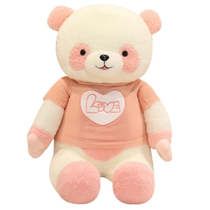 Adorable panda plush toy wearing a pink LOVE sweater, soft black and white teddy bear doll
