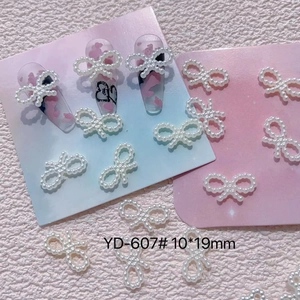 White resin pearl bow nail art charms YD-607 detail showing size 10x19mm dimensions