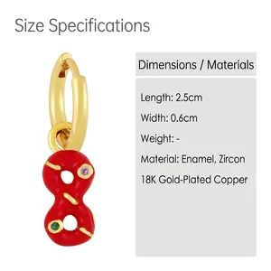 Detail view of 18K gold plated figure-eight earrings with red glaze and colorful zircons