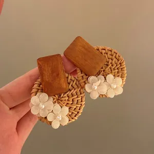 Vintage handmade wooden bead rattan round drop earrings with delicate white fabric flowers