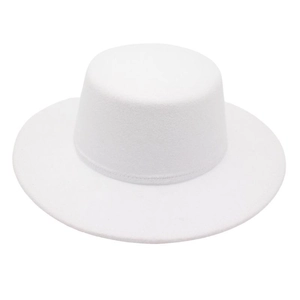 Minimalist ivory white wool felt boater hat with flat top and wide brim for women