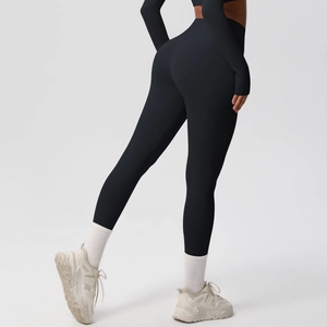 Close-up of black high-waisted leggings with scrunch butt lifting design for fitness