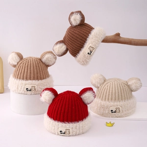 Kids Winter Knit Beanie Hat With Bear Ears Faux Fur Trim Thickened Warm Windproof Outdoor For Toddlers