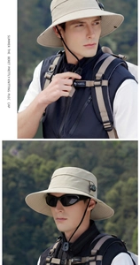Detail of outdoor sun hat with wide brim, windproof rope and side compass decoration