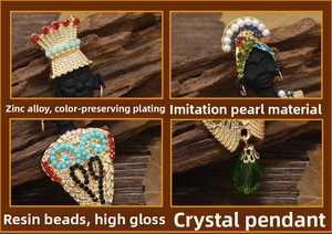 Detail view of ethnic brooch with pearls, crystals and zinc alloy tribal figure