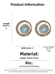 Detail showing 2cm round gold plated earrings with zircon paving and aurora pearl inlay