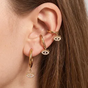 Stainless Steel 18K Gold Plated Evil Eye Hamsa Hand Drop Hoop Earrings Zirconia Inlaid Bohemian Fashion Jewelry For Women