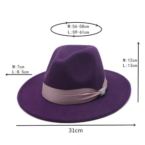 Detailed size chart for wool felt fedora showing brim and height measurements in cm