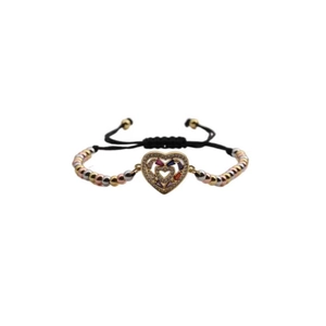Adjustable black woven bracelet with heart pendant and colorful square zircon stones