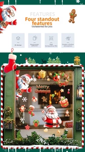 Detail of 3D Christmas window stickers featuring Santa Claus and gingerbread man designs