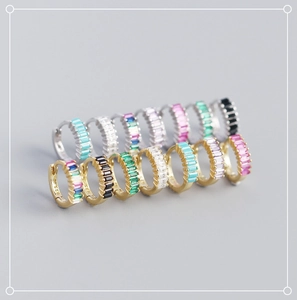 Detail of S925 sterling silver hoop earrings with colorful rectangular cubic zirconia stones