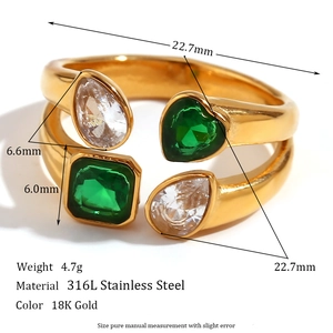 18K gold-plated double-layer open ring with heart and teardrop-shaped green zircons