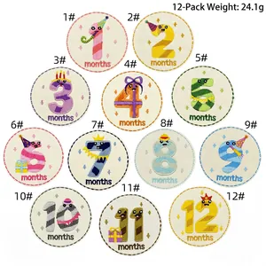Set of 12 cartoon baby milestone embroidery patches featuring monthly numbers and motifs