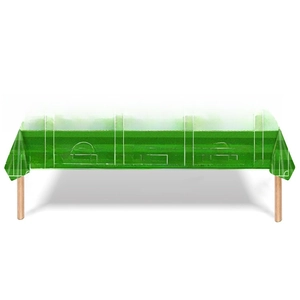 Detailed close-up of football field tablecloth showing green pitch and soccer ball pattern