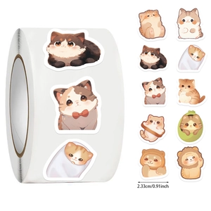Detail view of 0.91-inch cat stickers showing various cute cartoon poses on white background