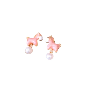 18K gold plated pink pony pearl earrings with zircon detail on white background