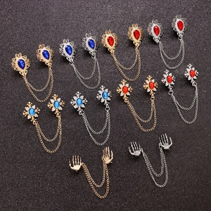 Vintage crystal teardrop and skull hand brooch sets with metal tassels for collar decor