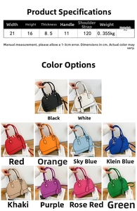 Detailed chart showing 10 colors of stone-embossed faux leather shell bags with dimensions