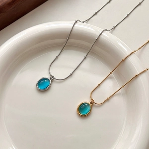 Oval Blue Cat Eye Stone Pendant Necklace Stainless Steel Retro Simple Round Bead Chain For Women Elegant Niche Jewelry