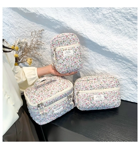 Three-piece set of floral quilted makeup bags with a stylish cotton fabric texture