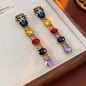 Vintage Lion Head Dangle Earrings With Colorful Rhinestones Steel Earring Post Retro Exaggerated Long Drop Jewelry
