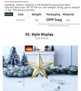 Close-up of a glowing Christmas star tree topper with golden trim and dual power USB/battery