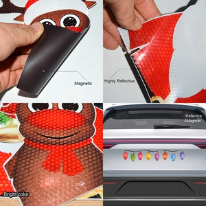 Detail of magnetic reflective reindeer car stickers showing strong magnetism and bright colors