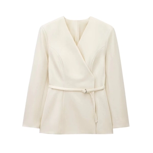 Close-up of elegant cream-white wrap blazer featuring a V-neck and slim belted waist