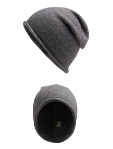 Close-up of dark grey rabbit fur knit beanie showing detailed texture and inner stitching