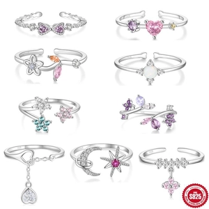 925 Sterling Silver Ring For Women With Cubic Zirconia Heart Butterfly Flower Open Adjustable Romantic Fresh Jewelry