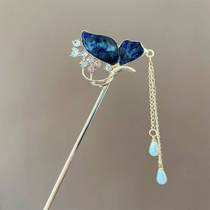 Elegant gold butterfly hair pin with blue enamel and crystal tassels in Chinese style