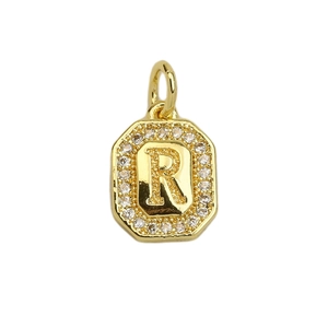 Detail of 18k gold plated square pendant with letter R and crystal micro-pave