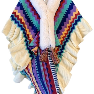 Colorful knitted bohemian shawl with white faux fur collar and tassel ties detail