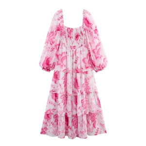 Robe Longue En Mousseline À Imprimé Fleuri Pour Femmes Col Carré À Volants Manches Longues Rose Élégante Plage