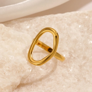 Polished 18K gold plated stainless steel oval hollow geometric ring on stone base