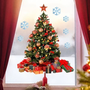 Window decals featuring a colorful Christmas tree, snowflakes, and gift boxes for decor