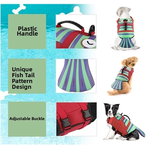 Detail of dog life jacket featuring a sturdy plastic handle and adjustable buckles