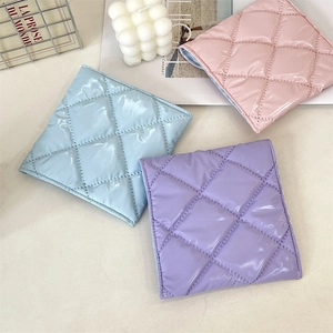 Quilted shiny PU leather pouches in pink, blue, and purple with square diamond pattern
