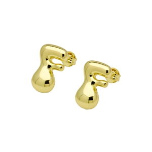 Close-up of polished gold-finished alphabet F balloon-style stud earring with secure back